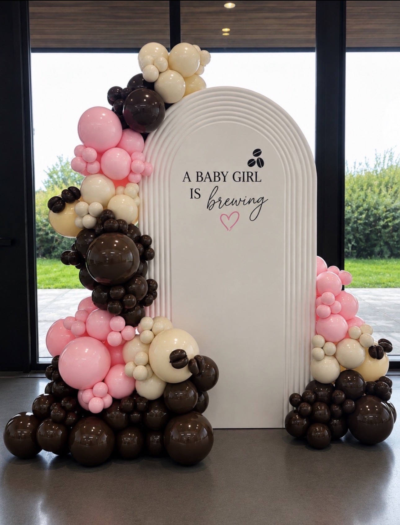 PartywithMY cream ripple backdrop with pink, chocolate and cream balloons